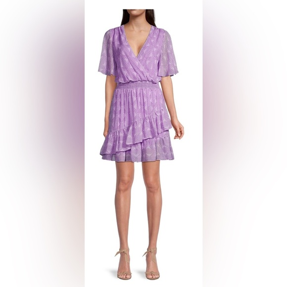 Laundry by Shelli Segal purple lavender Flutter Sleeve Chiffon Mini Dress size 0 - Picture 3 of 6